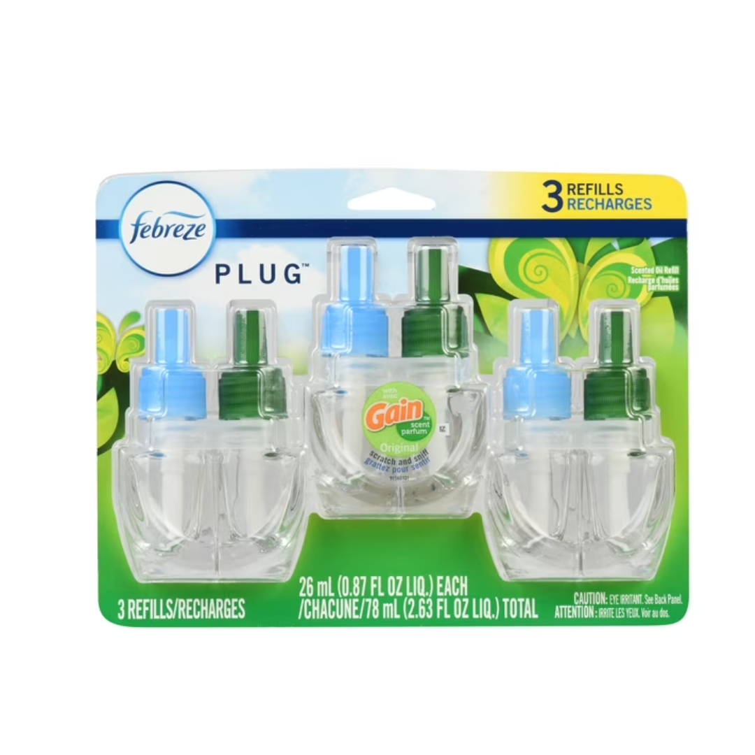 Febreze Odor-Fighting Fade Defy PLUG Air Freshener Refill, Gain Original Scent, (3) .87 fl. oz. Oil Refills