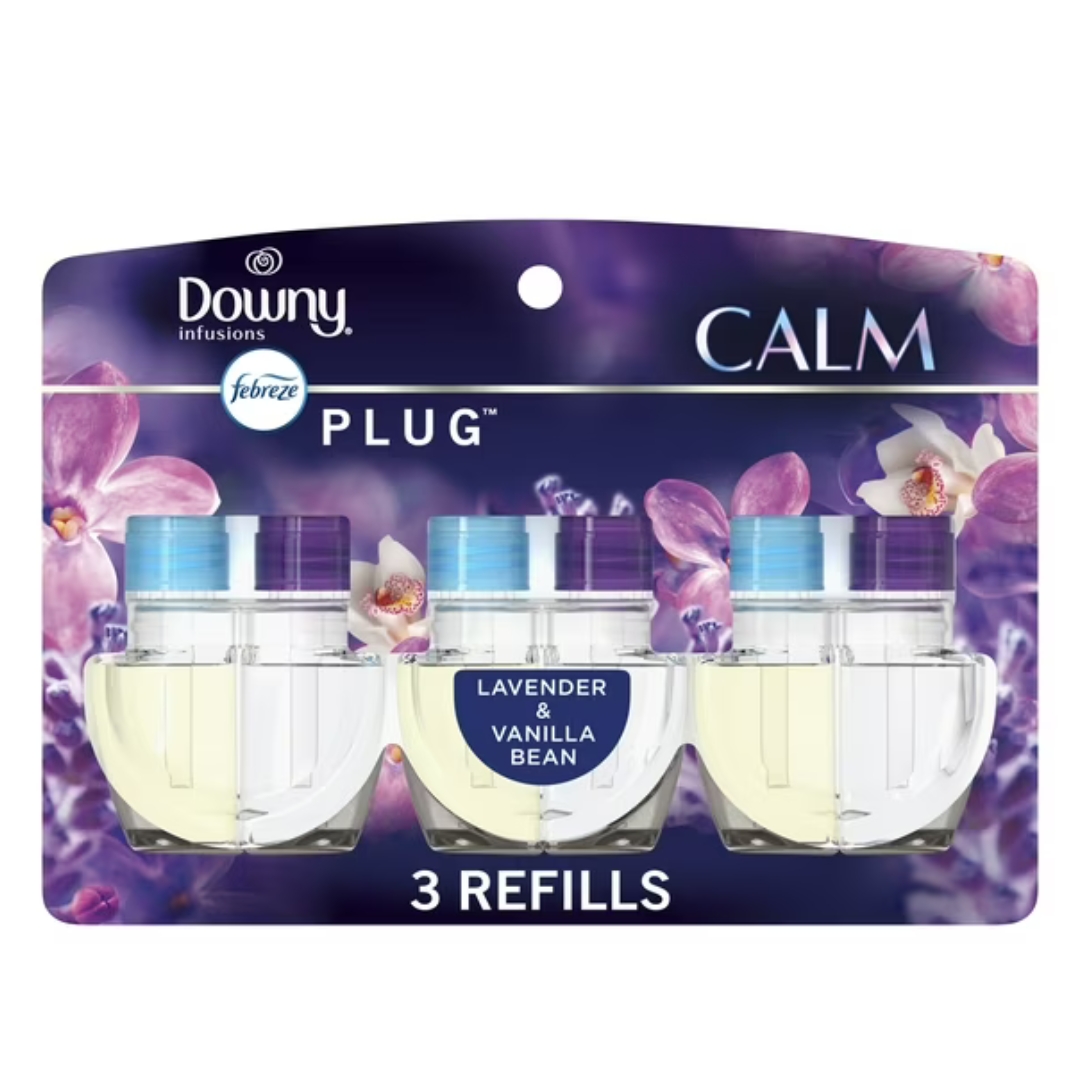 Febreze Plug In Air Freshener, Odor-Fighting Scented Oil Refill, Downy Calm, 3 Refills