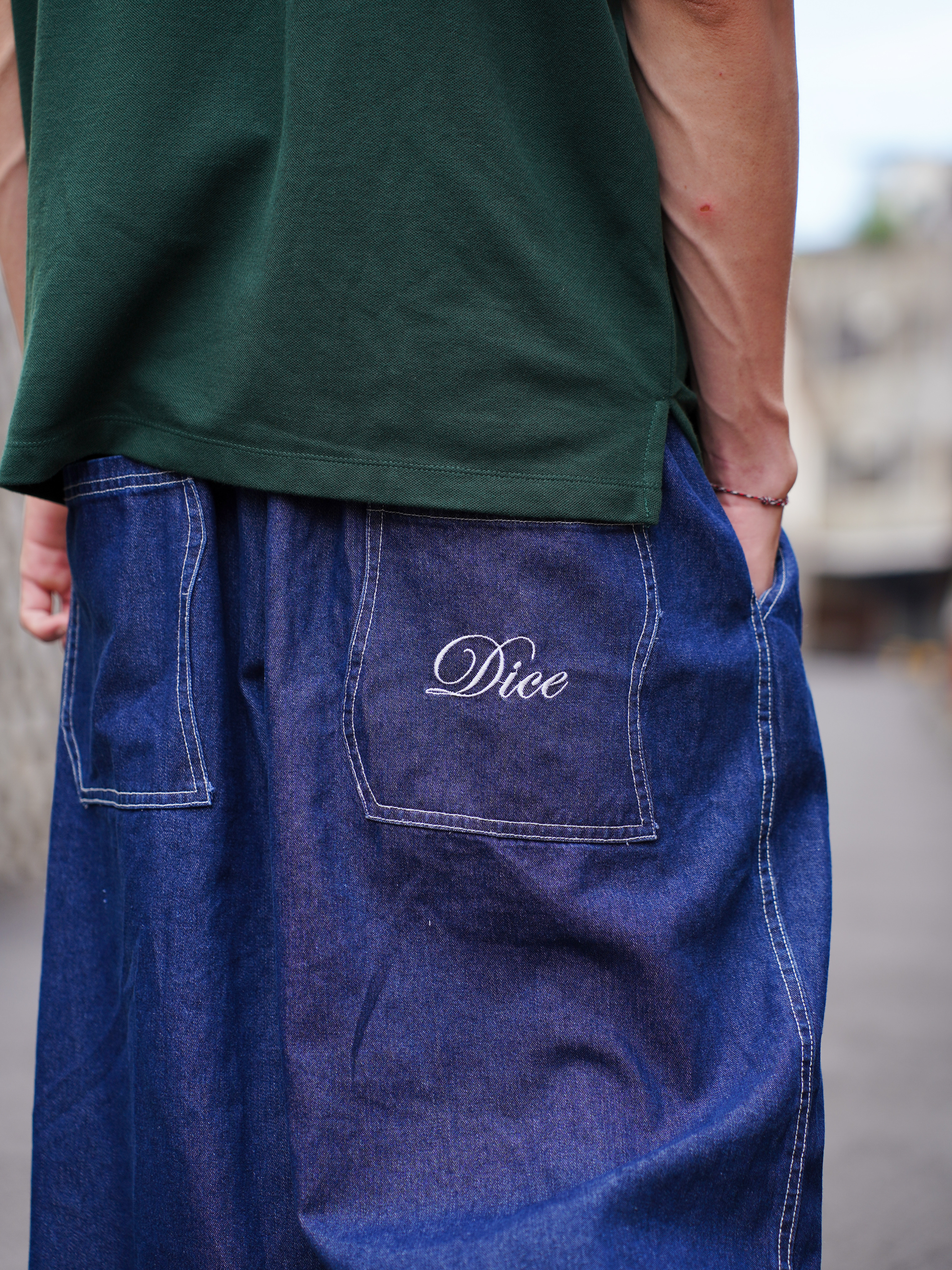 LETTER WASHED BLUE DENIM BAGGY PANTS