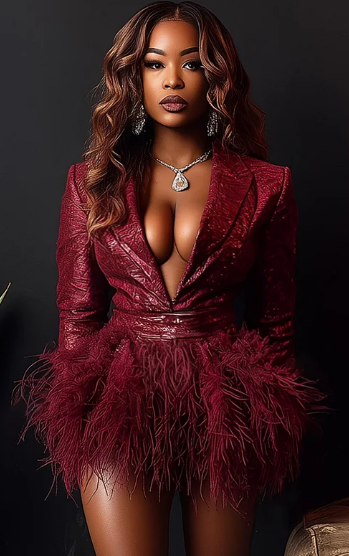 Elegant Maroon Feathered Blazer Dress