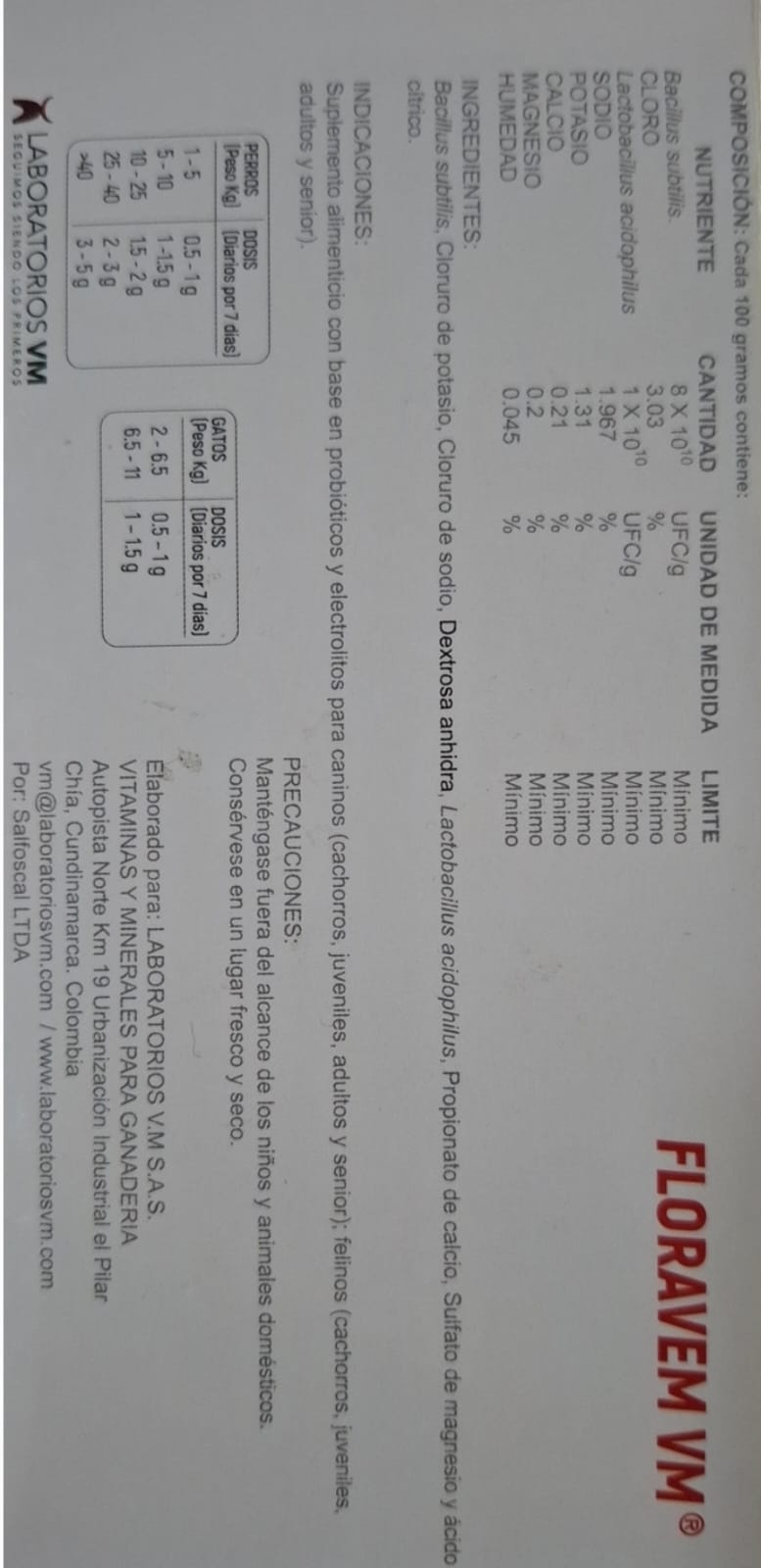 Probióticos Gato y Perro Floravem VM  suplemento alimenticio con base en probióticos y electrolitos 1GRAMO