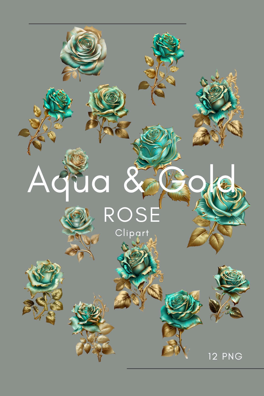Aqua & Gold Rose Clipart 12 PNG Digital Download