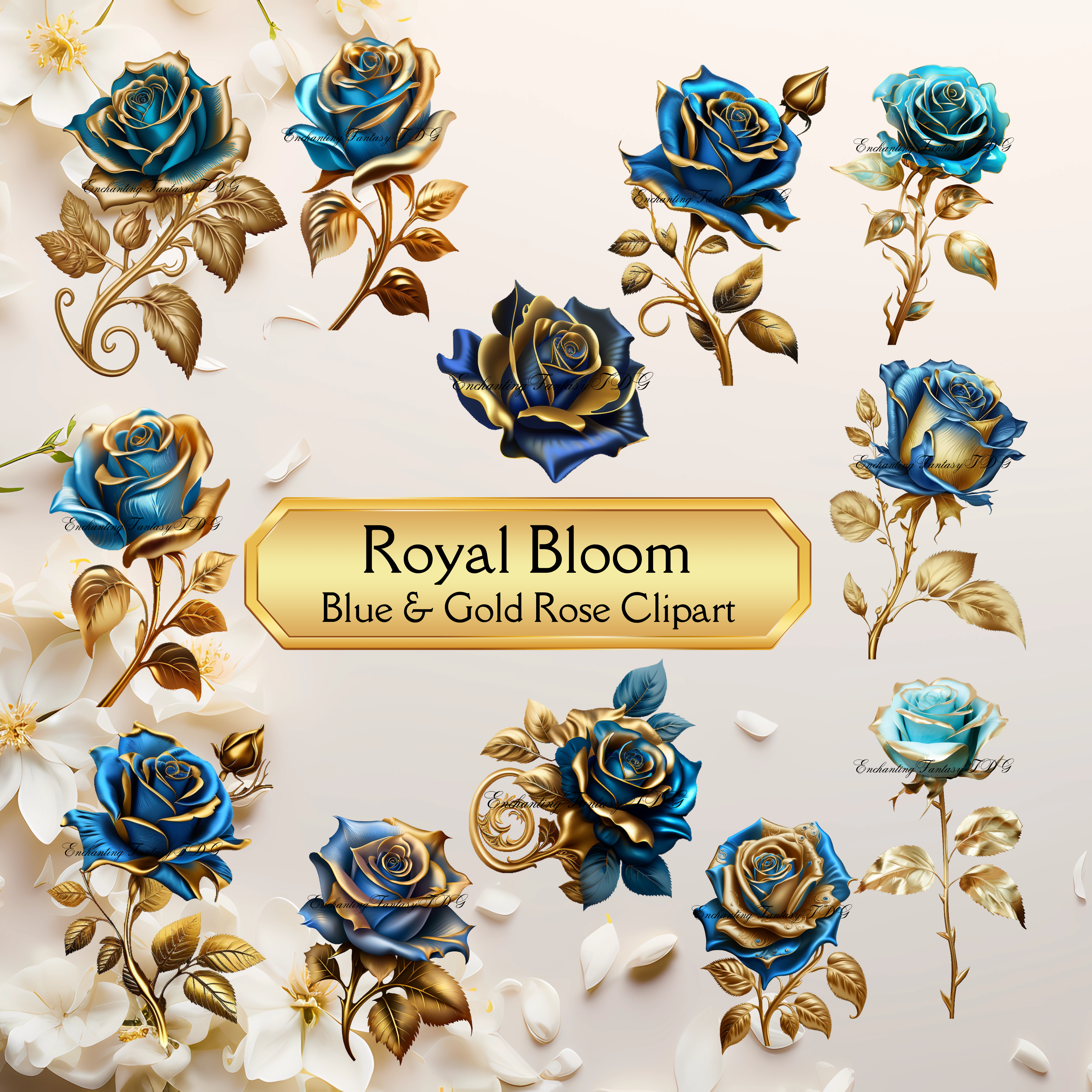 Royal Bloom: Blue & Gold Rose Clipart 12 PNG Digital Download