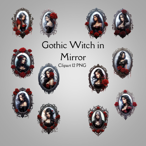 Gothic Witch in Mirror Clipart 12 PNG Digital Download
