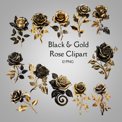 Black & Gold Roses Clipart 12 PNG Digital Download