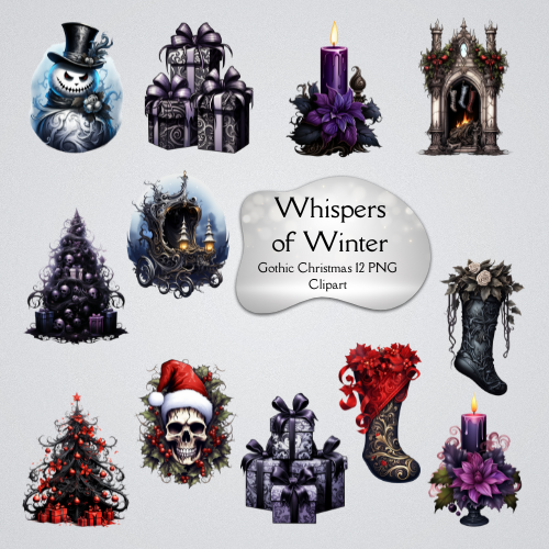 Whispers of Winter: Gothic Christmas Clipart 12 PNG Digital Download