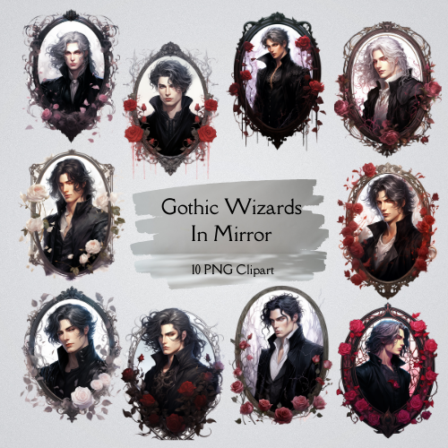 Gothic Wizard in Mirror Clipart 10 PNG Digital Download