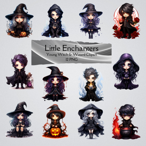 Little Enchanters: Young Witch & Wizard Clipart 12 PNG Digital Download