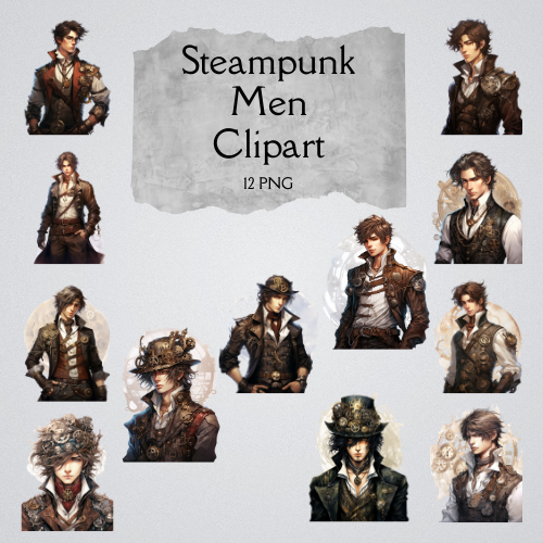 Steampunk Gents: Men of Mechanical Mastery Clipart 12 PNG Digital Download