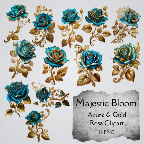 Majestic Bloom: Azure & Gold Rose Clipart 12 PNG Digital Download