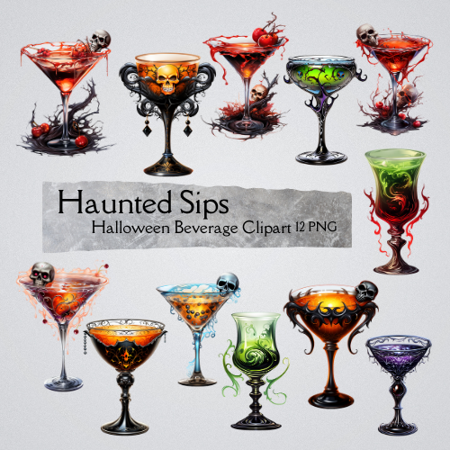 Haunted Sips: Halloween Beverage Clipart 12 PNG Digital Download