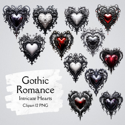 Gothic Romance: Intricate Hearts Clipart 12 PNG Digital Download