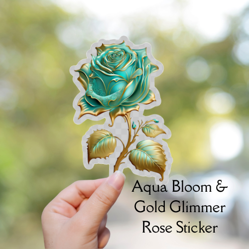 Aqua Bloom & Gold Glimmer Rose Sticker
