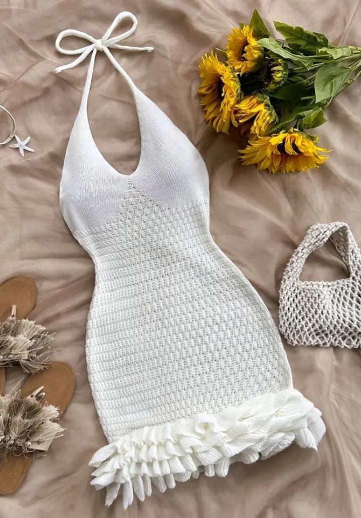 Vestido de Suéter Elegante con Cuello Halter Blanco 