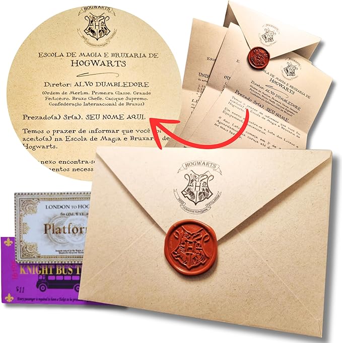 Kit Harry: Carta Personalizada Hogwarts, Chapéu Seletor & Posters Casas Hogwarts