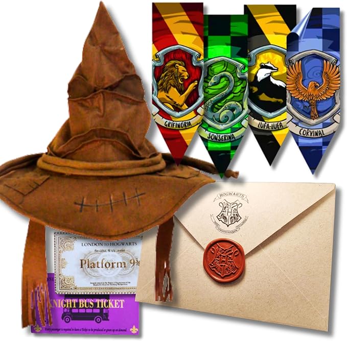 Kit Harry: Carta Personalizada Hogwarts, Chapéu Seletor & Posters Casas Hogwarts