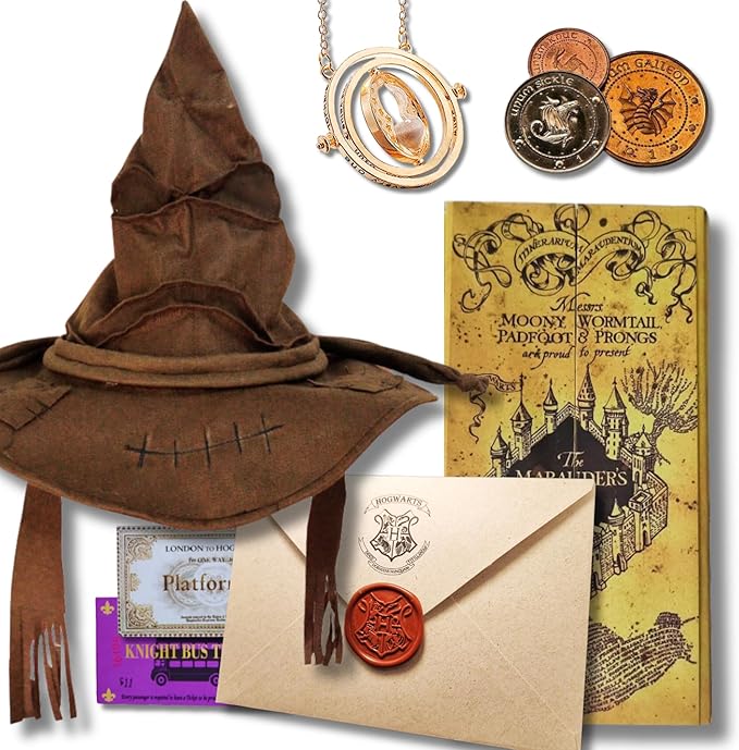 Kit Completo Mágico: Chapéu Seletor, Carta de Aceitação, Mapa do Maroto, Vira Tempo & Trio Moedas Gringotes