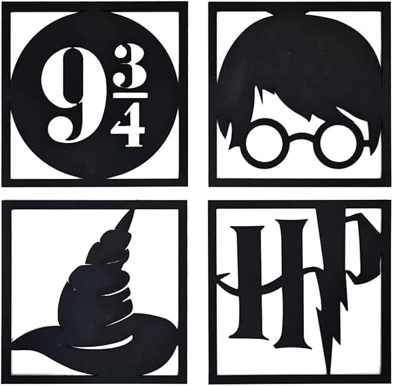 Kit 4 Quadros Decorativos Harry Potter MDF 20x20 Cada Unidade - Cor Preto