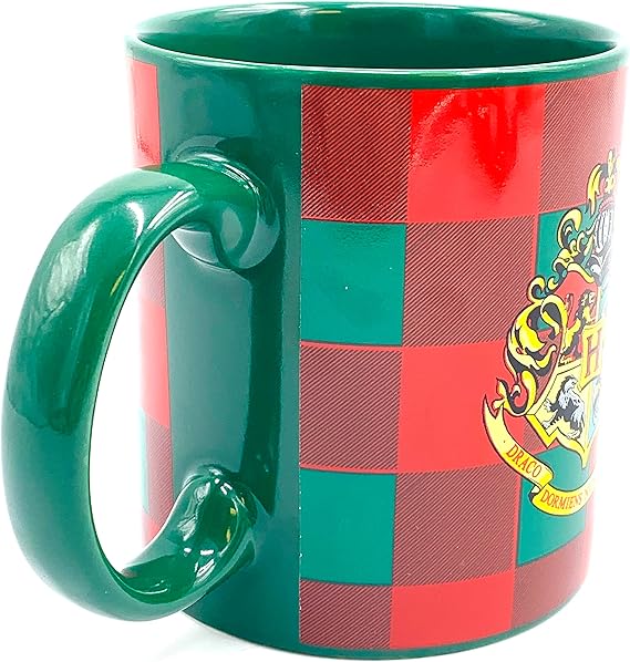 Silver Buffalo Harry Potter Hogwarts Crest Holiday Green and Red Plaid Ceramic Mug, 20 Ounces