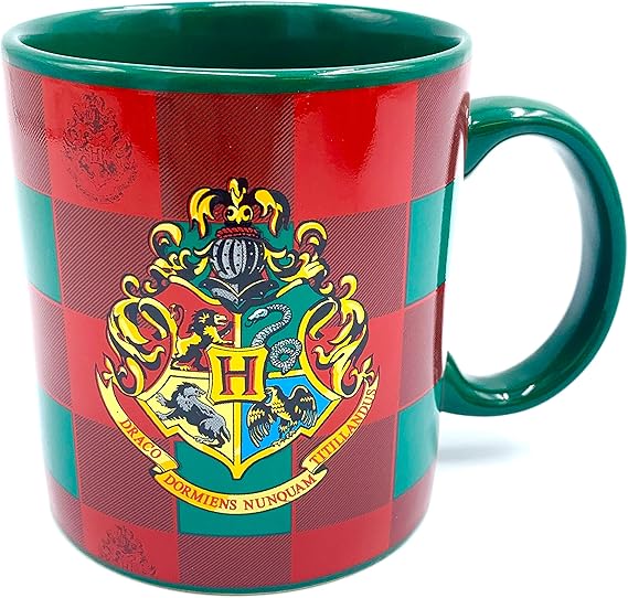 Silver Buffalo Harry Potter Hogwarts Crest Holiday Green and Red Plaid Ceramic Mug, 20 Ounces
