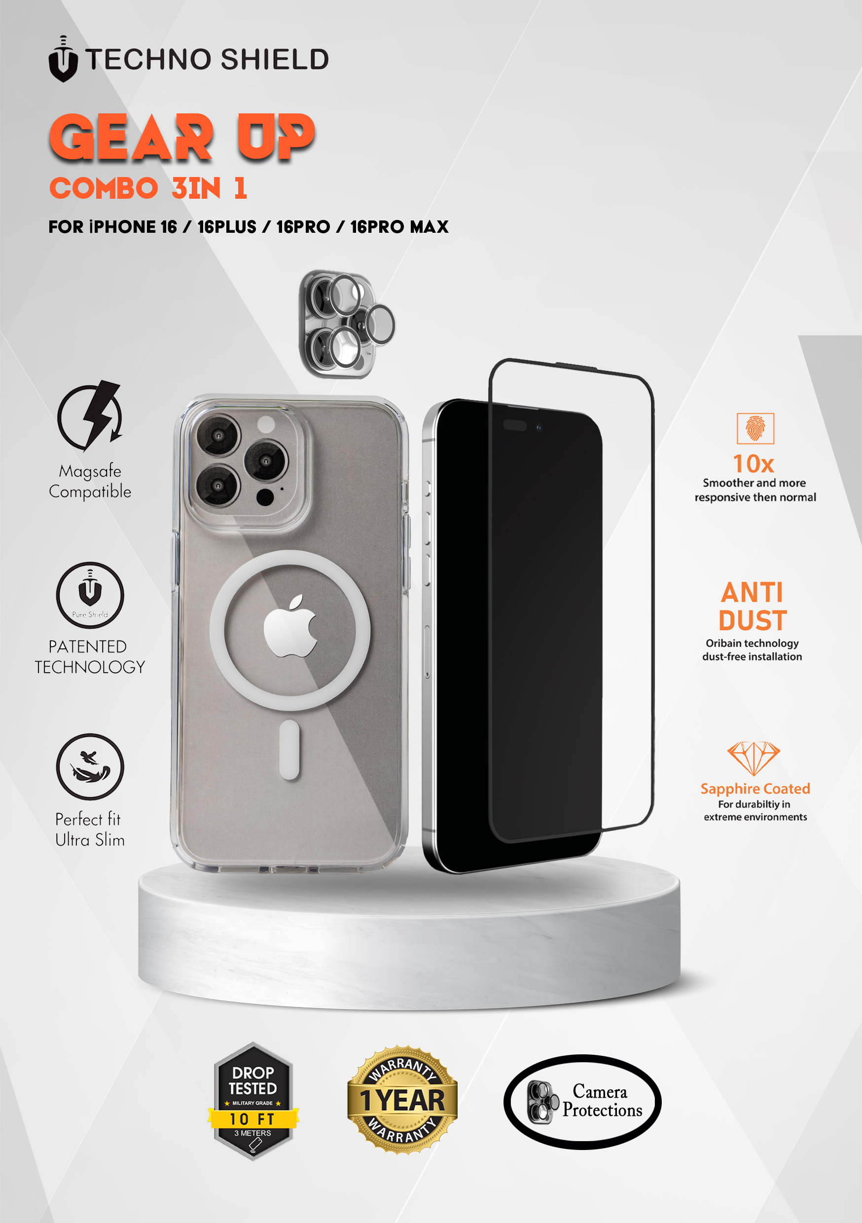 TECHNO SHIELD- 3IN1 GEAR UP COMBO FOR IPHONE TEMPERED GLASS | MAGSAFE CASE | LENS PROTECTOR