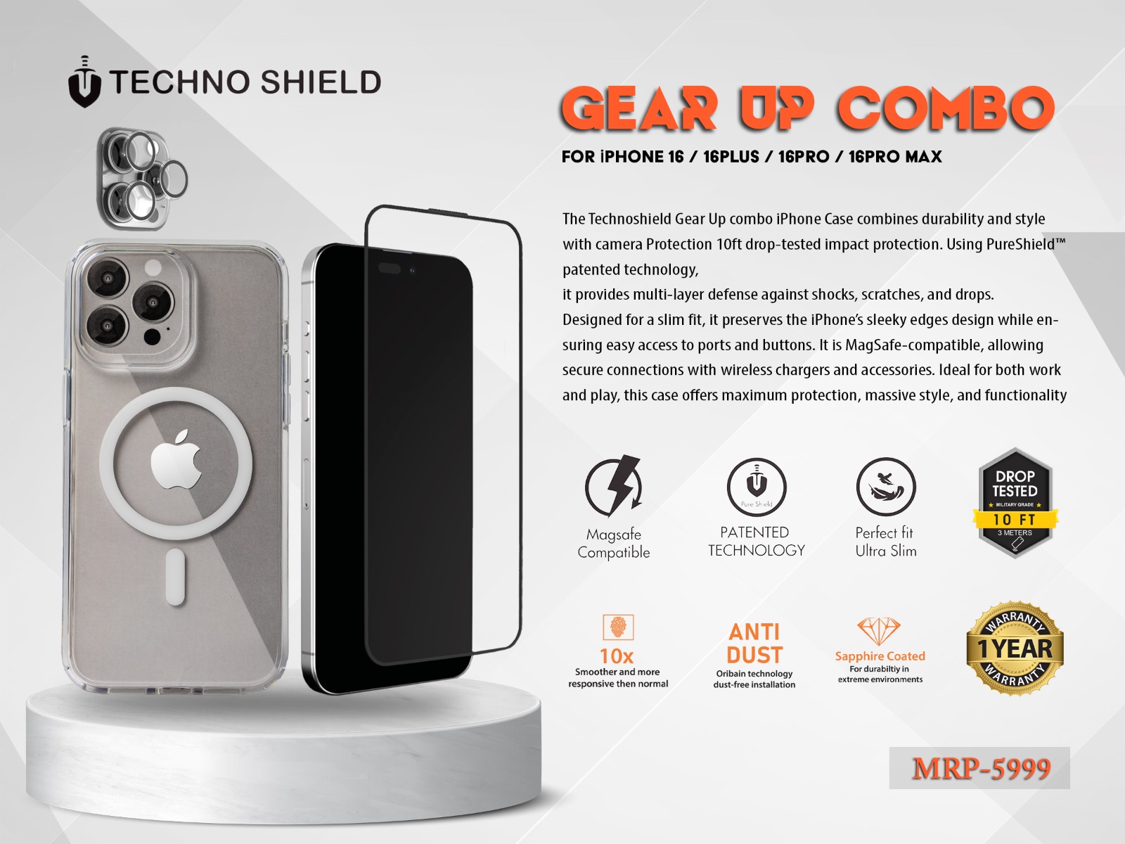 TECHNO SHIELD- 3IN1 GEAR UP COMBO FOR IPHONE TEMPERED GLASS | MAGSAFE CASE | LENS PROTECTOR