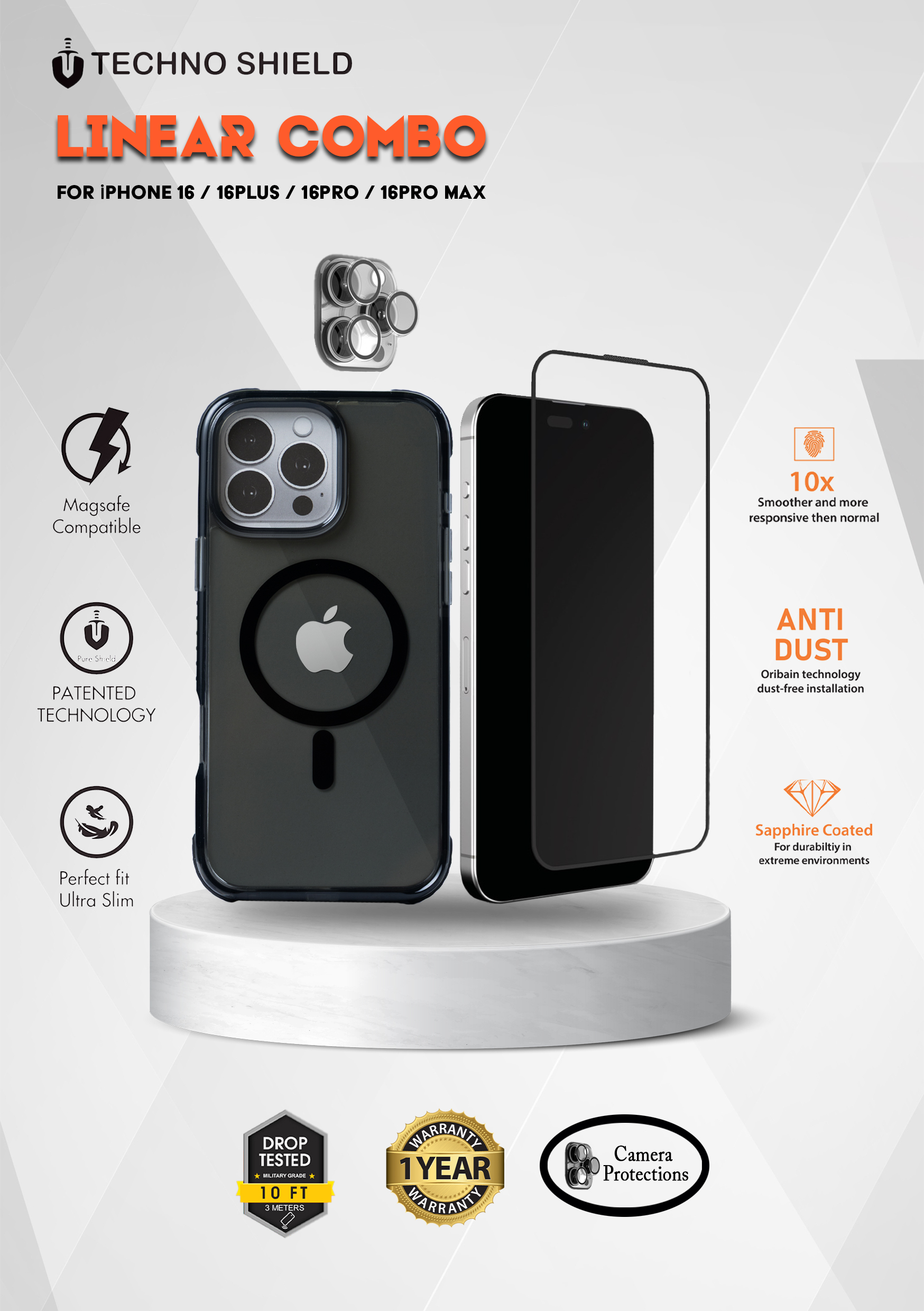 TECHNO SHIELD-3IN1 LINEAR COMBO FOR IPHONE TEMPERED GLASS | LINEAR CASE | LEN PROTECTOR