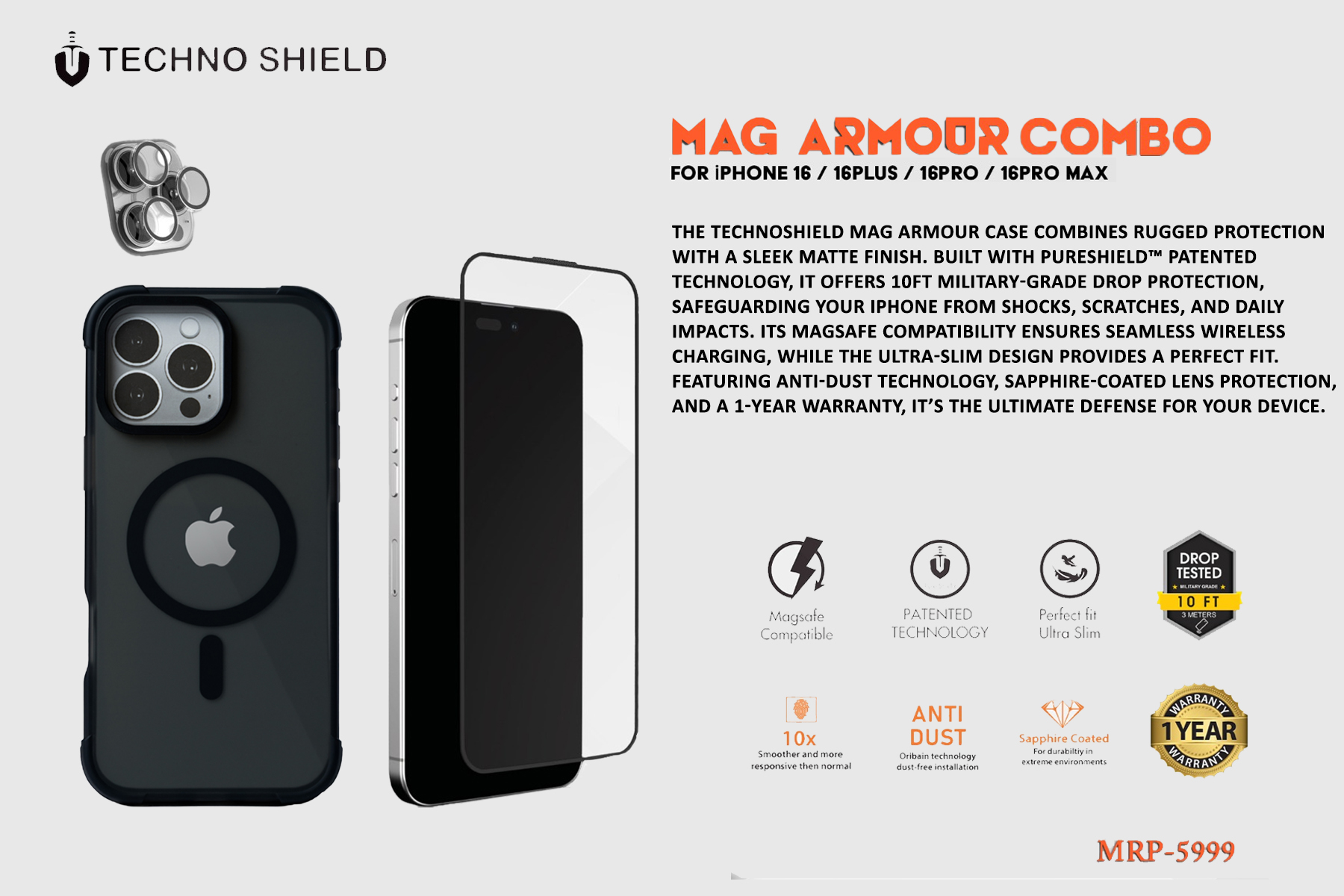 TECHNO SHIELD- 3in1 MAG ARMOUR COMBO FOR iPHONE  TEMPERED GLASS AND WITH MAGSAFE CASE CAMERA LENS