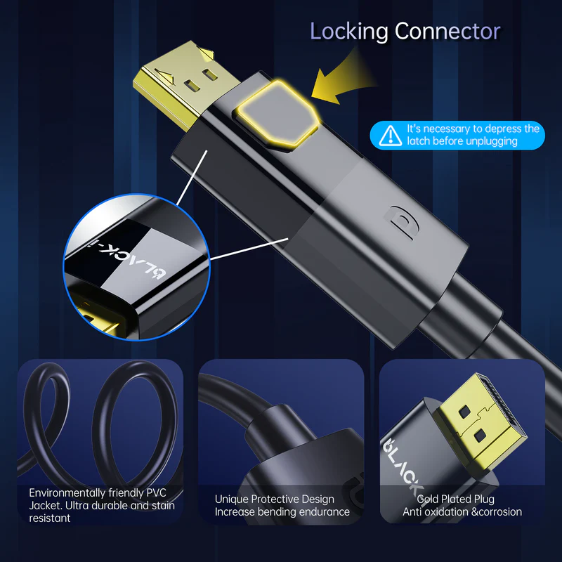 Black-i DisplayPort 1.4 Cable – 8K@60Hz, 4K@120Hz, 32.4Gbps High-Speed Transmission