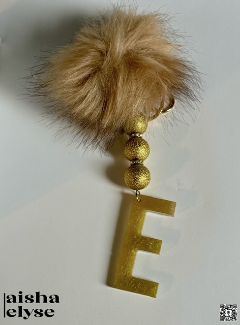 Fur Pom Keychain with "E" Alphabet Charm