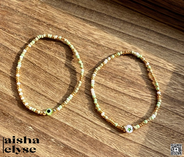 Handmade Beaded Bracelets - Green, Gold, & White