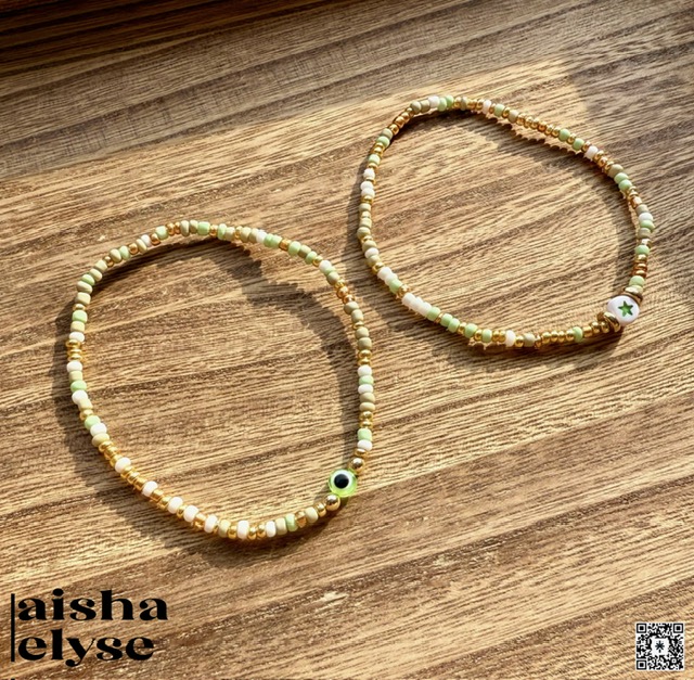 Handmade Beaded Bracelets - Green, Gold, & White