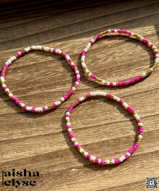 Handmade Beaded Bracelets - Pink, Gold, & White
