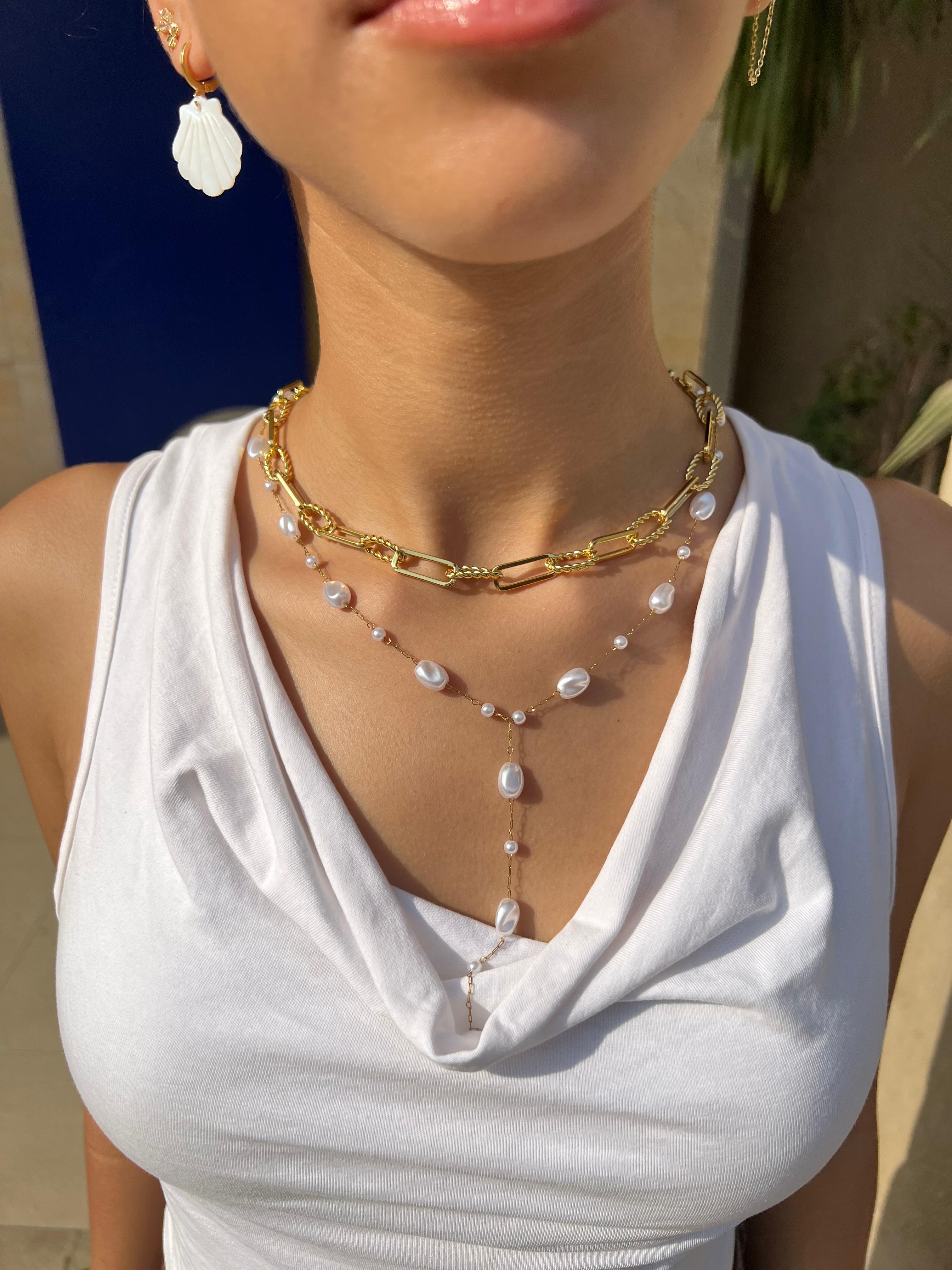 Layered Pearl and Gold Chain Necklace