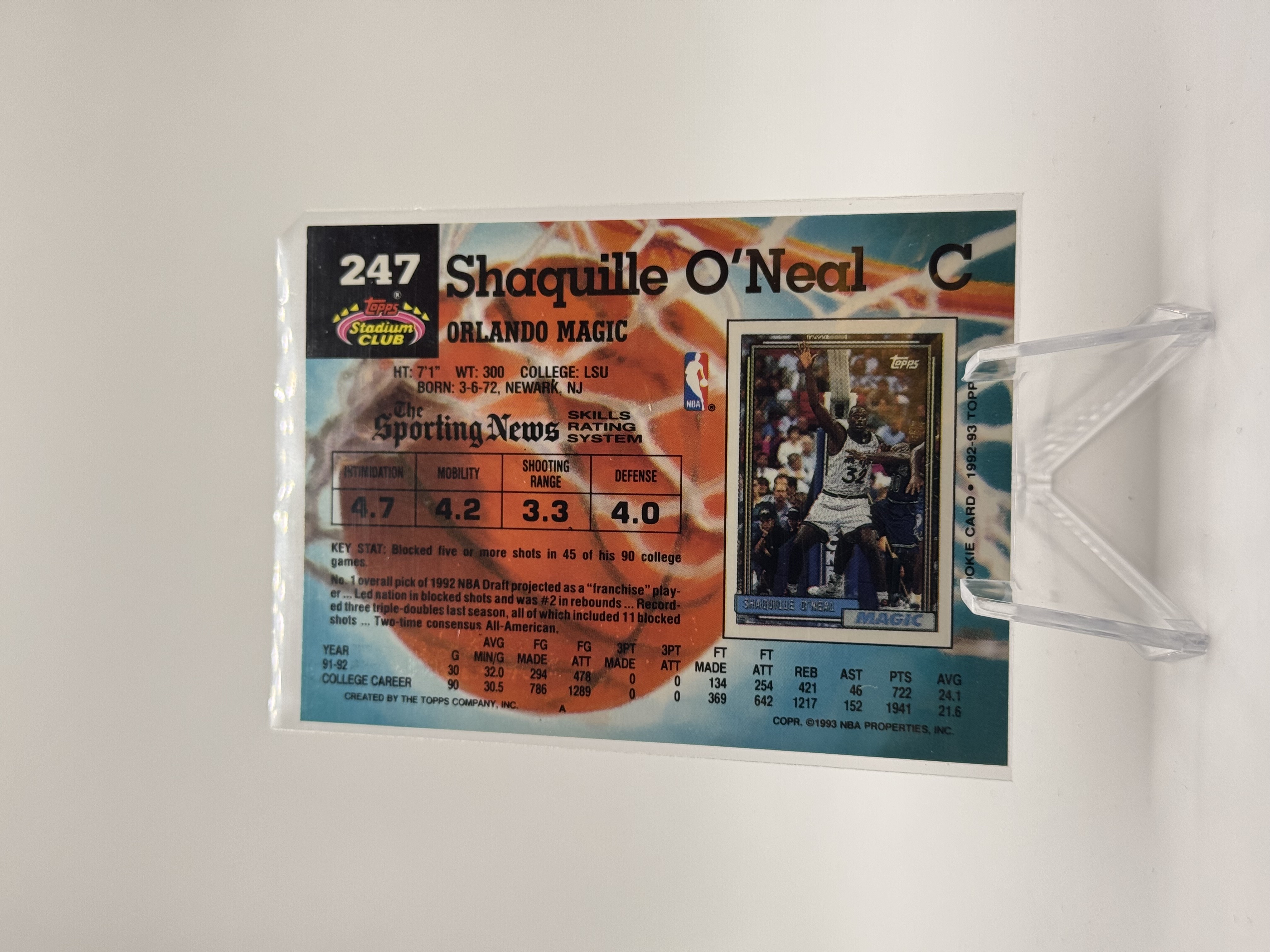 Shaquille O'Neal Rookie Card #247 - 1992-93 Topps Stadium Club