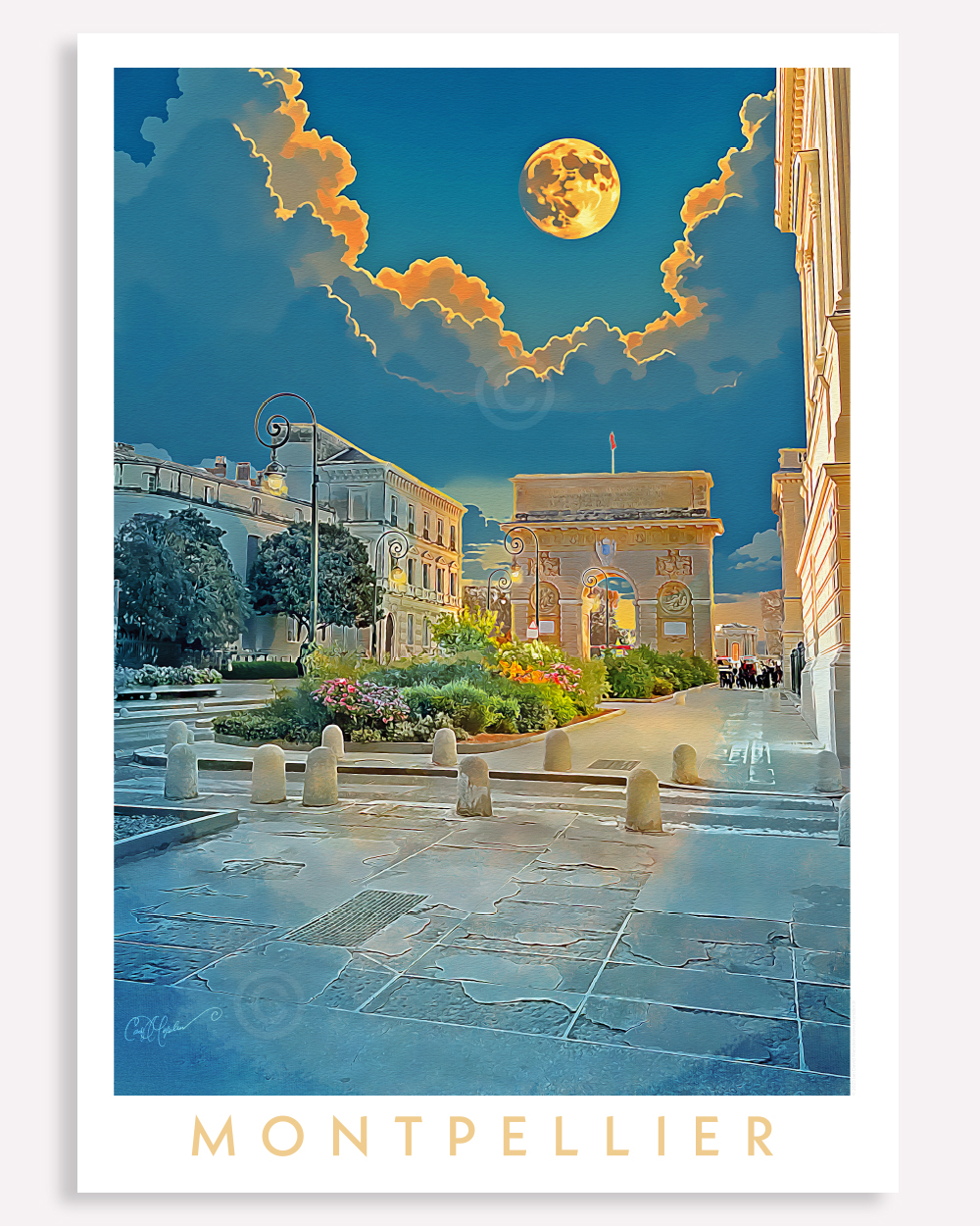 Montpellier Arc de Triomphe at Night – Classic French Travel Poster by Ian David Marsden