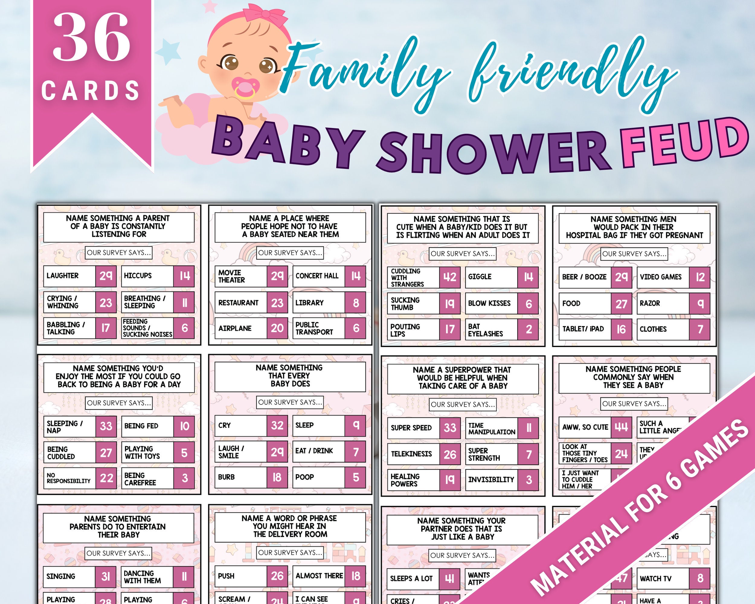 Fun Family-Friendly Baby Shower Feud Game Pink