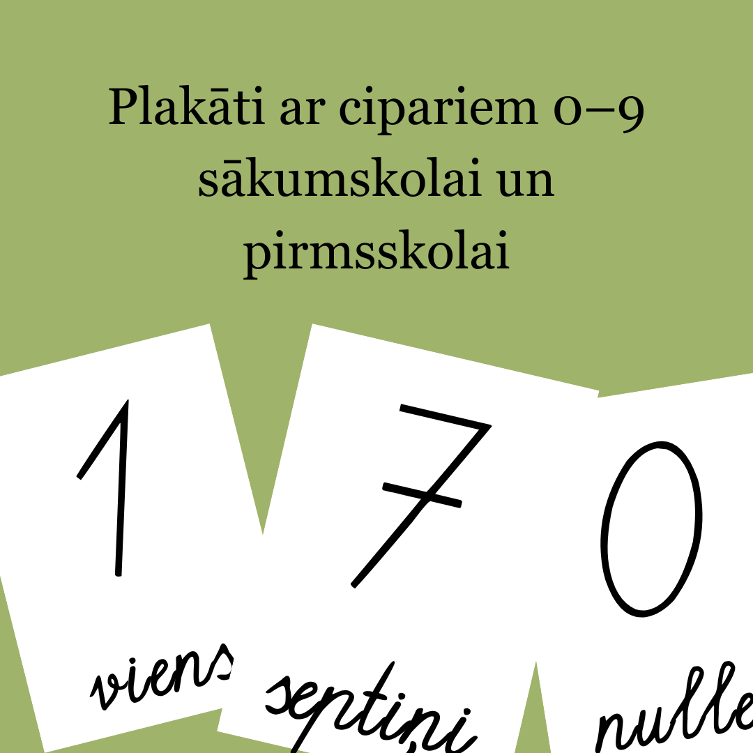 Plakāti ar cipariem 0–9 sākumskolai un pirmsskolai
