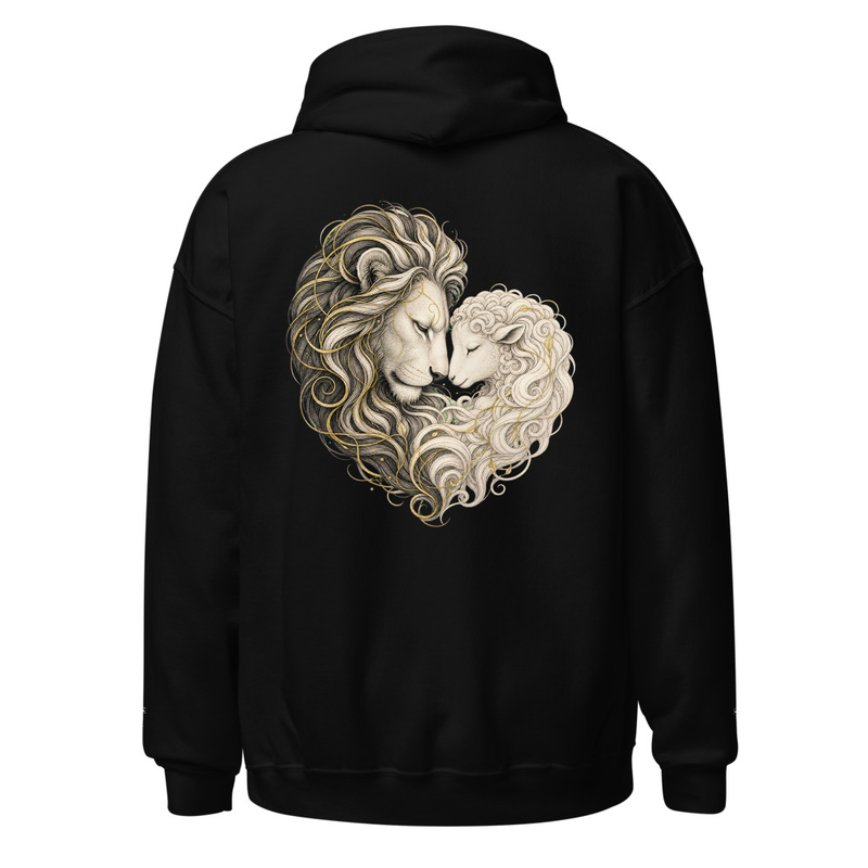 Lion & the Lamb Heart Faith Black Hoodie with an embroidered cross at the wrist area of each sleeve
