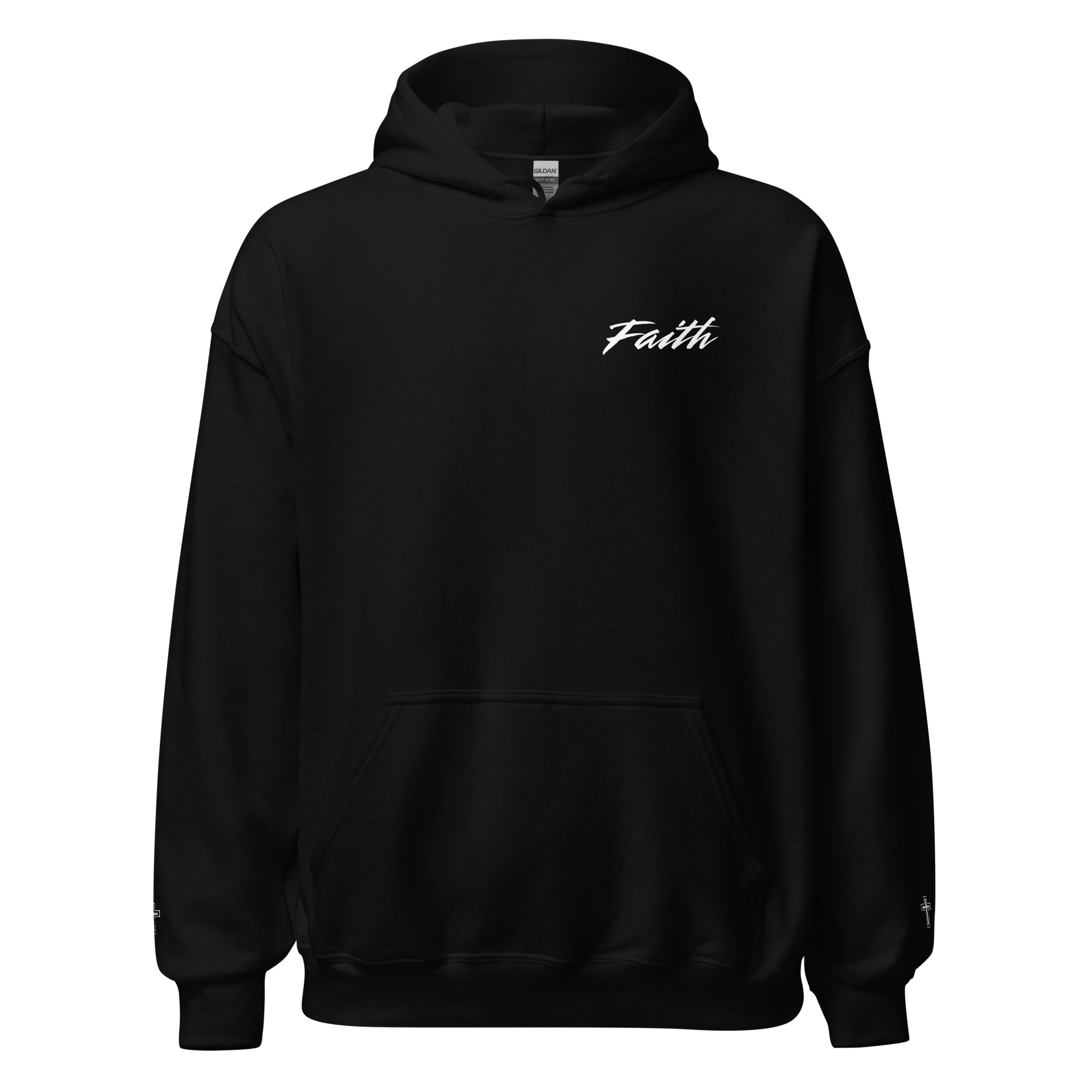 Lion & the Lamb Heart Faith Black Hoodie with an embroidered cross at the wrist area of each sleeve