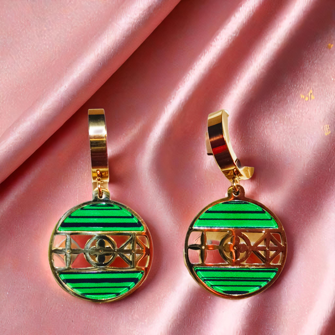 Gold Hoop Earrings with Green Enamel
