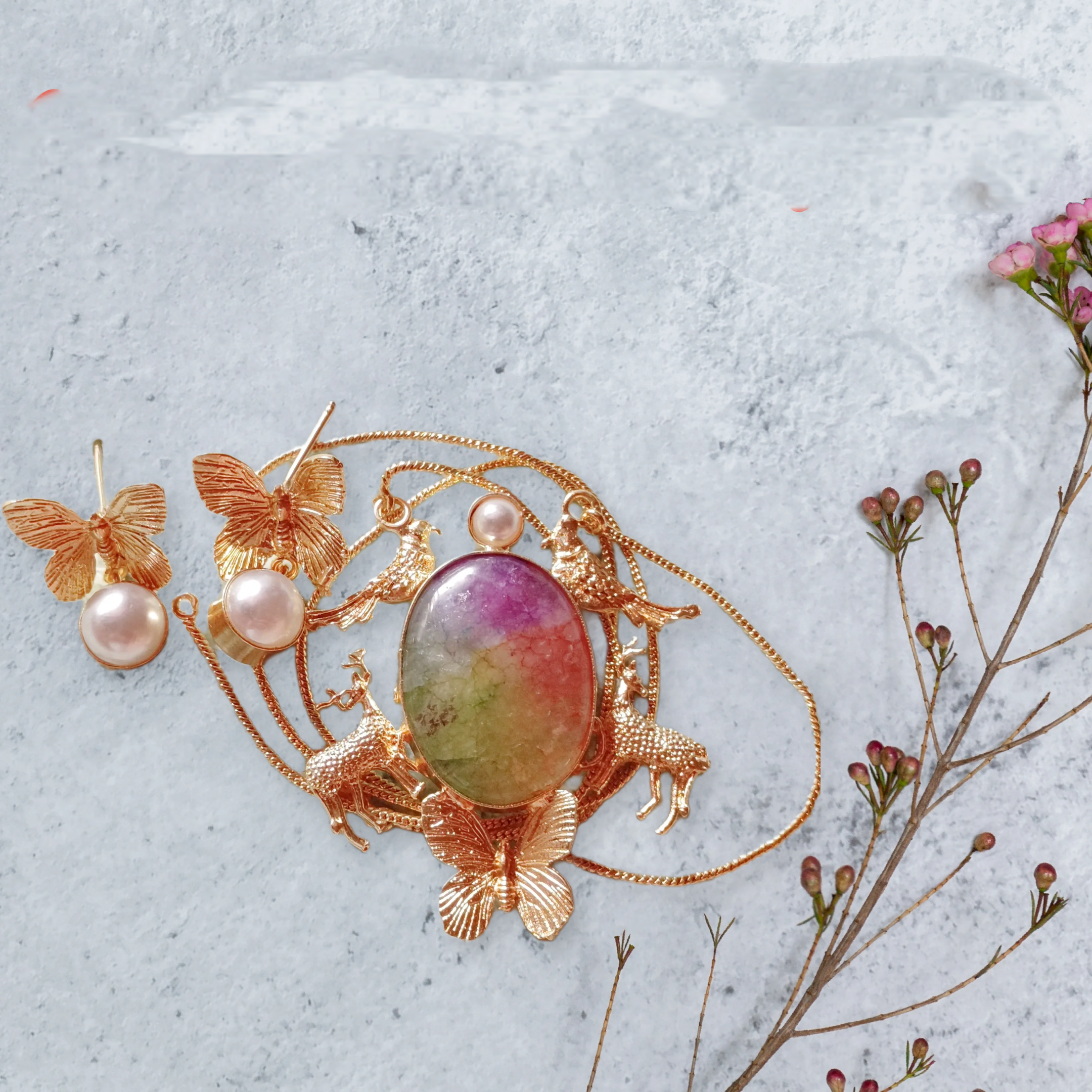 Elegant Butterfly Jewelry Set CHAIN PENDENT NATURAL STONE