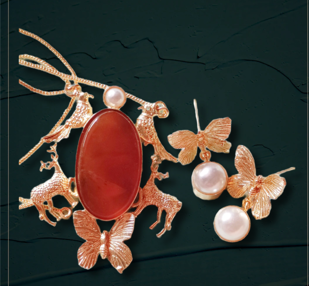 Elegant Butterfly Jewelry Set CHAIN PENDENT NATURAL STONE