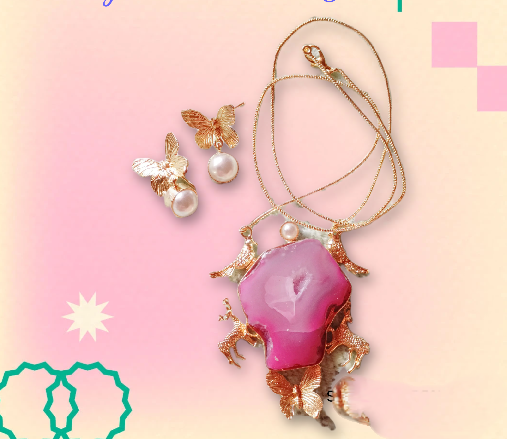 Elegant Butterfly Jewelry Set CHAIN PENDENT NATURAL STONE