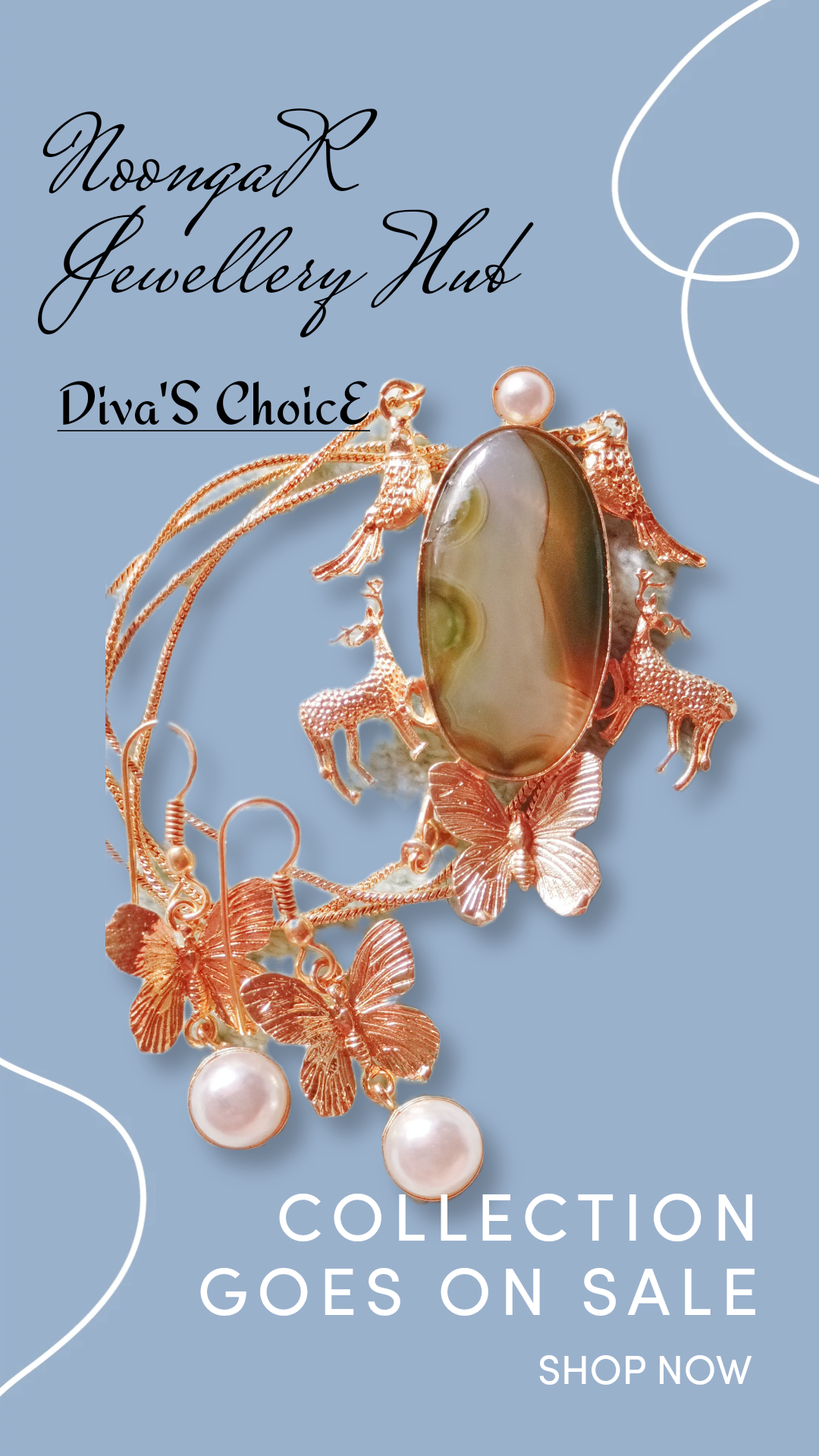 Elegant Butterfly Jewelry Set CHAIN PENDENT NATURAL STONE