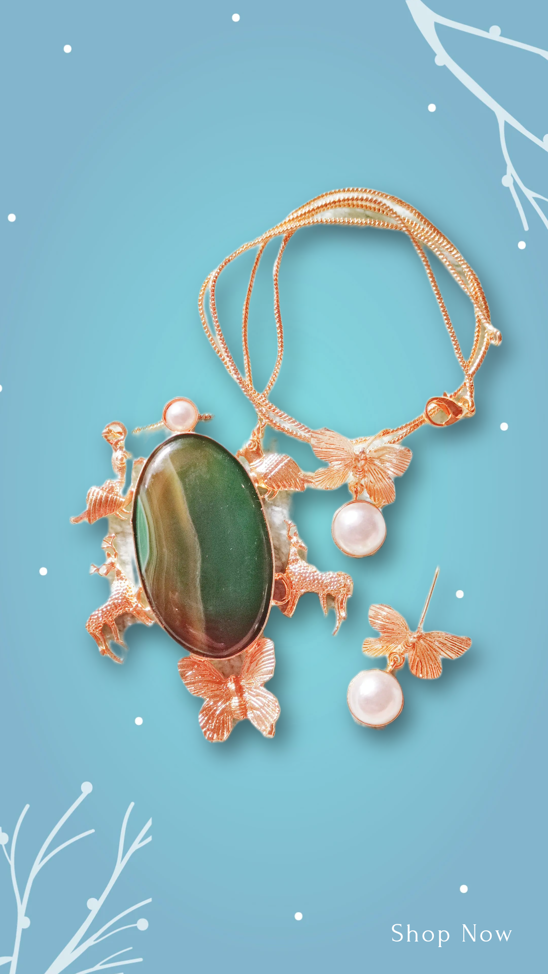 Elegant Butterfly Jewelry Set CHAIN PENDENT NATURAL STONE