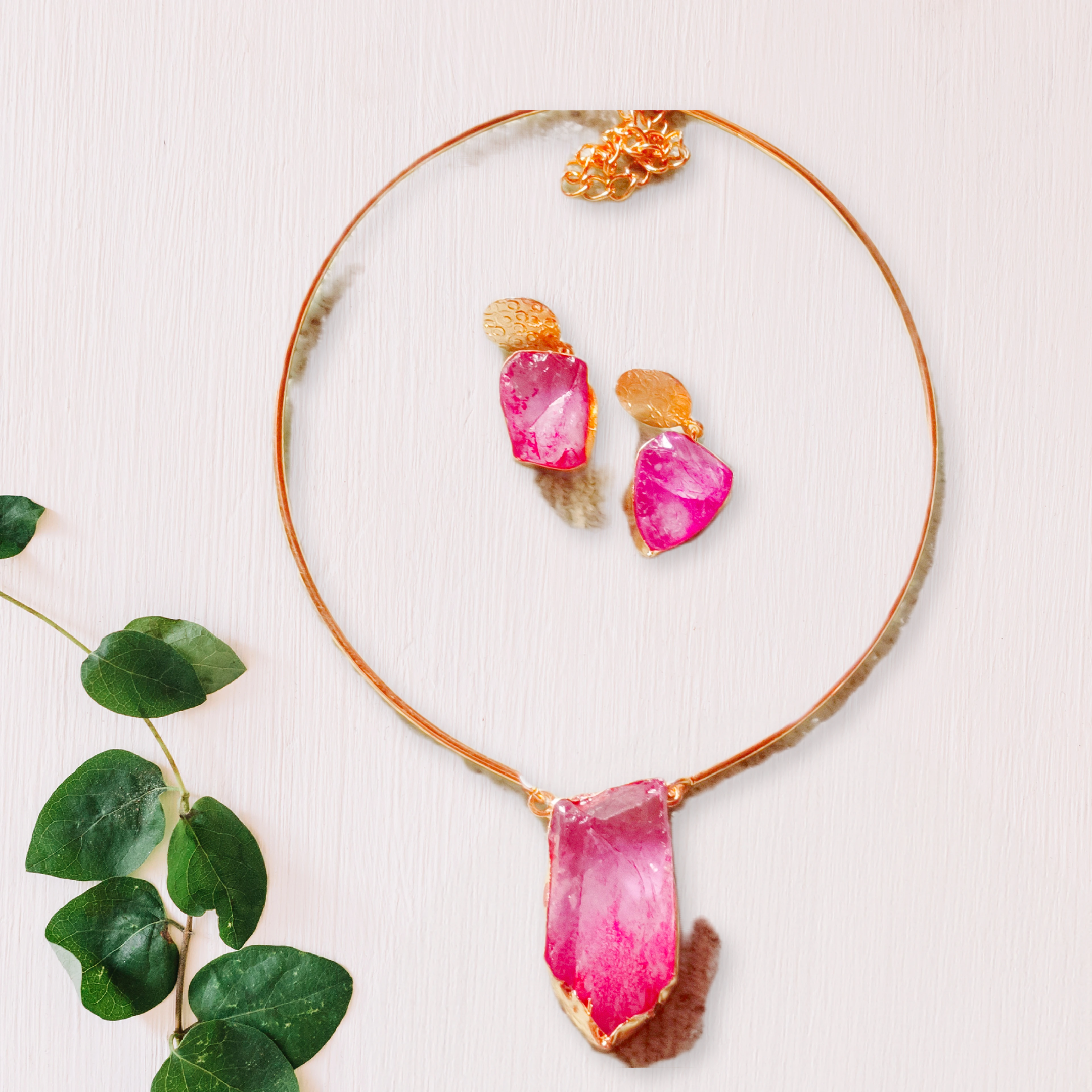 Pink Gemstone Jewelry Set BRASS JEWELLERY,SUGAR DRUEZY STONE