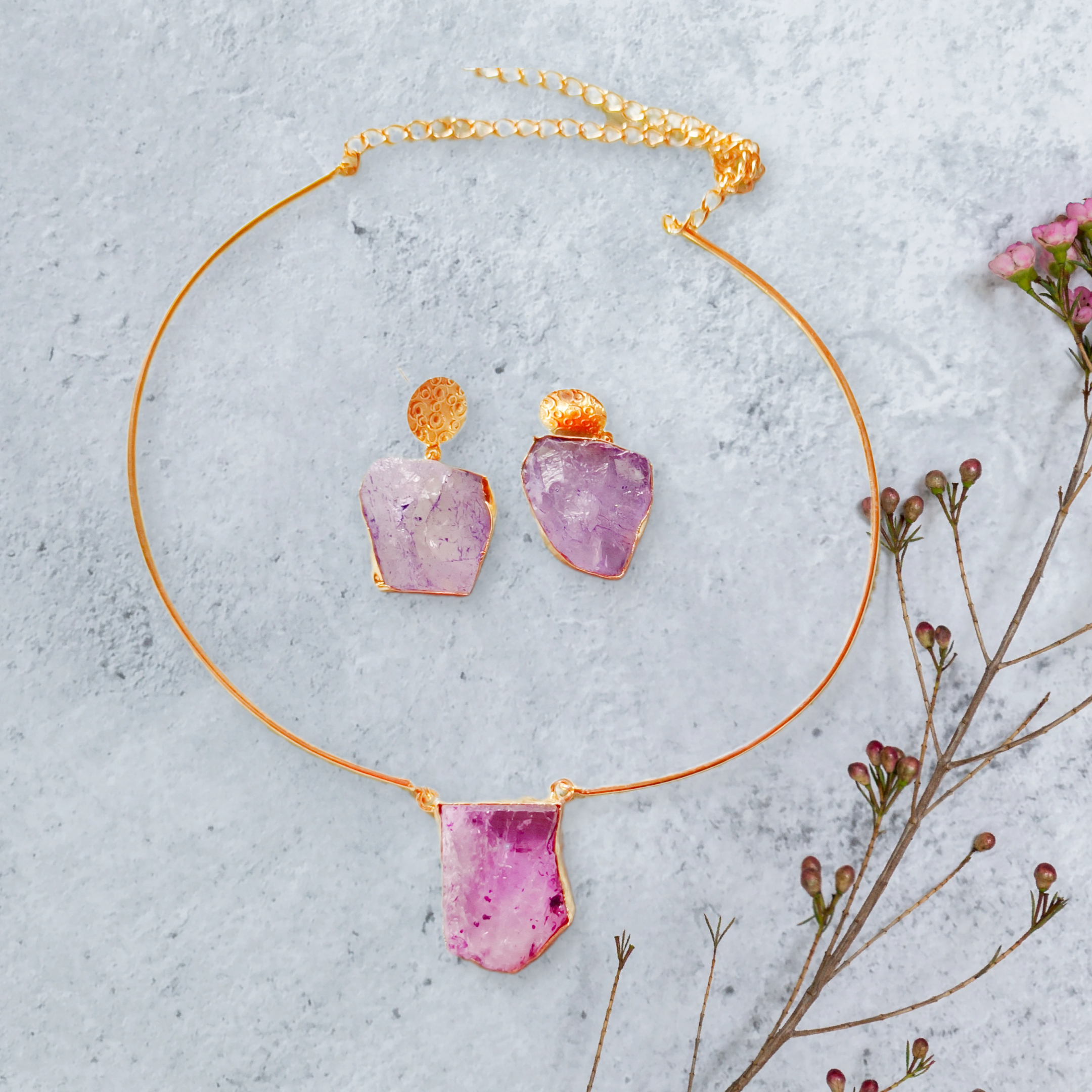 Purple Stone Necklace and Earring Set, BRASS JEWELLERY,SUGAR DRUEZY STONE