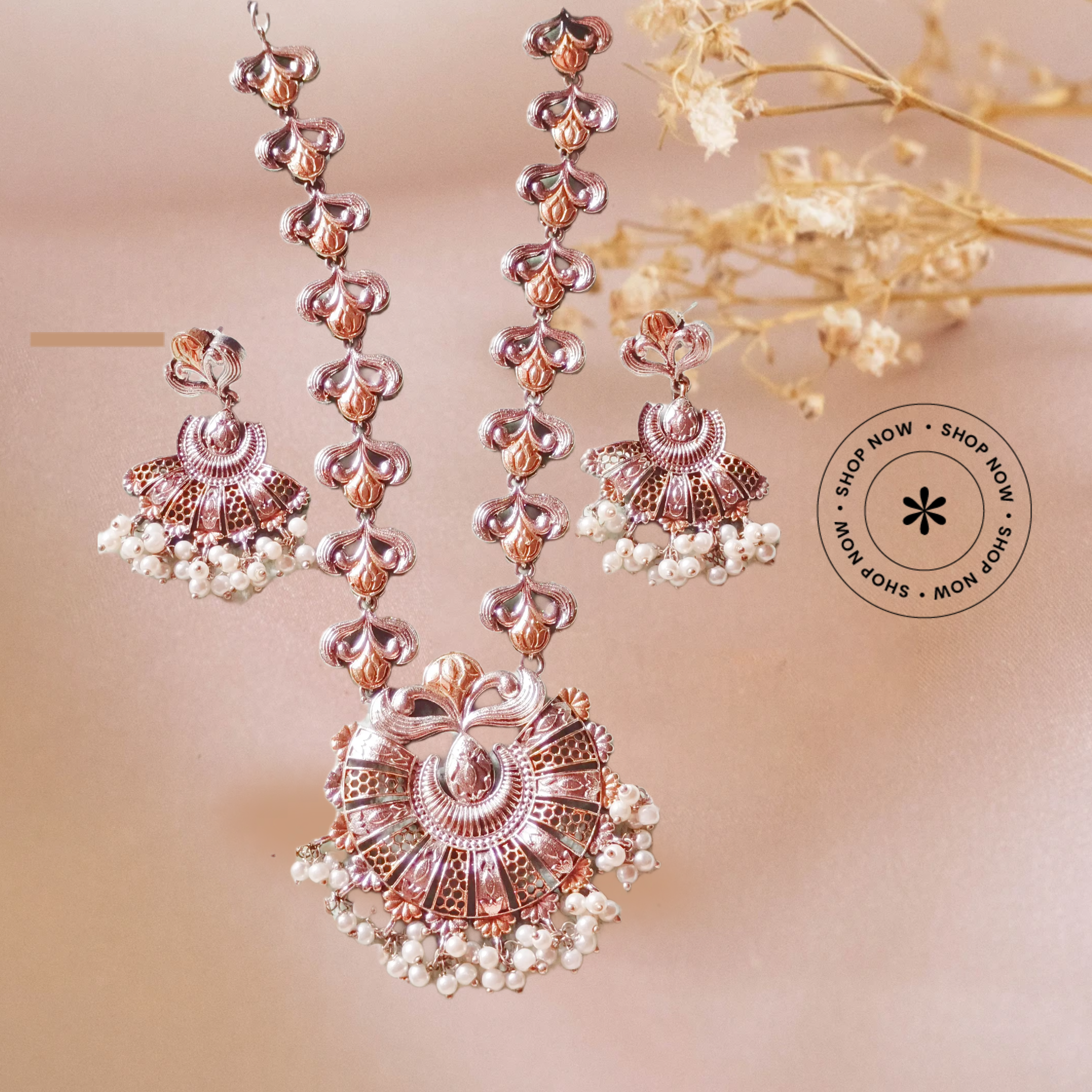 Elegant Traditional Necklace Set, LONG SILVER REPLICA DUAL TONNED NECK PIECE WITH EAR RING