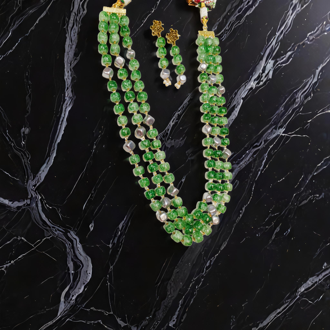 Green Beaded Necklace with Earrings